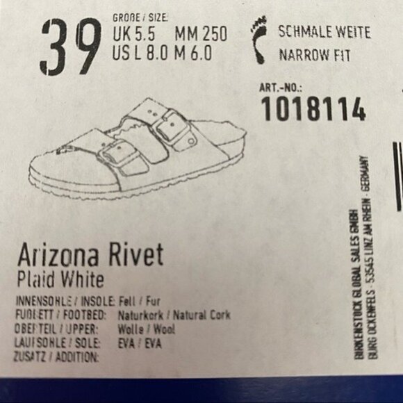 Birkenstock Arizona Rivet Plaid White Narrow Fit Men’s Szs 39/US 6 and 40/US 7